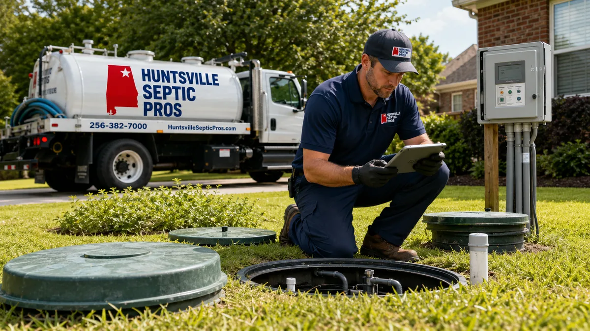 Huntsville Septic Pros technician inspecting an aerobic septic treatment unit in Huntsville, AL