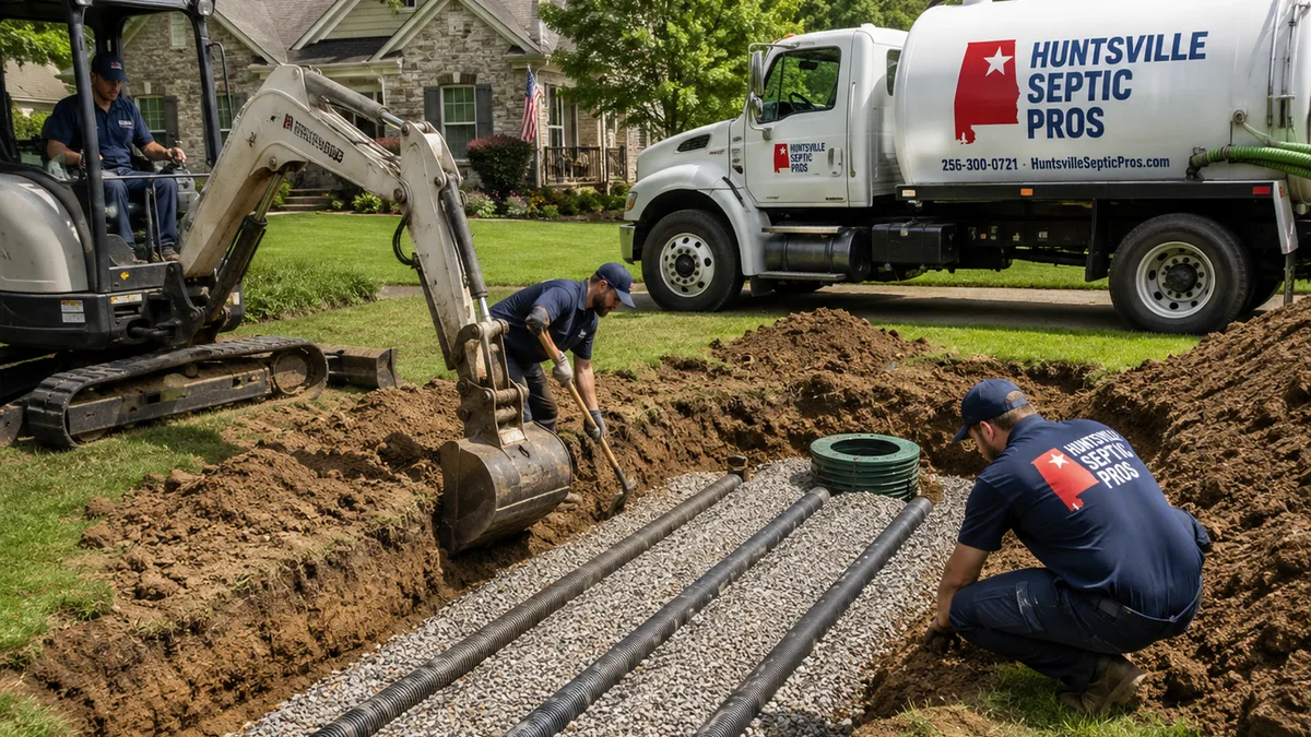 Huntsville Septic Pros crew installing drainfield lateral lines at a residential property in Huntsville, AL