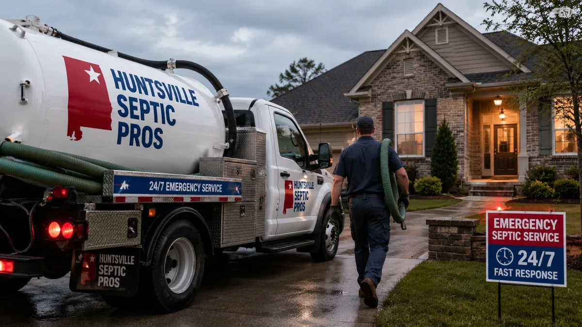 Huntsville Septic Pros emergency septic truck responding to a call at night in Huntsville, AL