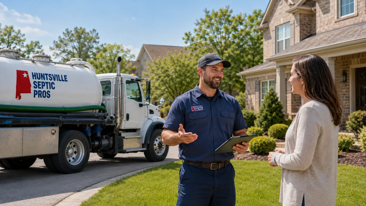 Huntsville Septic Pros technician providing a free septic estimate to a homeowner in Huntsville, AL