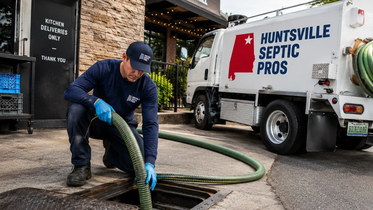 Huntsville Septic Pros technician cleaning a commercial grease trap at a Huntsville, AL restaurant