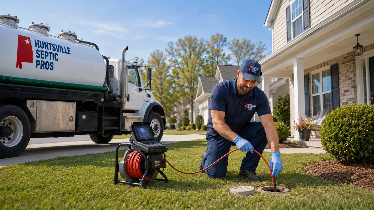 Huntsville Septic Pros technician performing drain cleaning with camera equipment at a home in Huntsville, AL