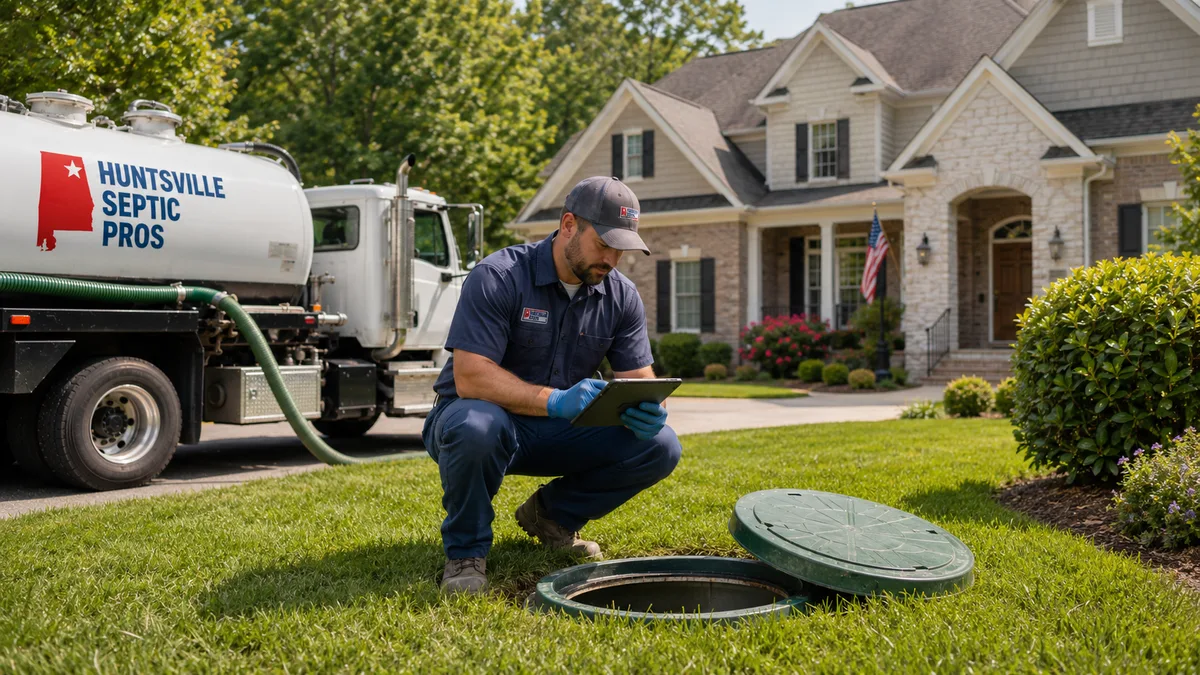 Huntsville Septic Pros technician inspecting a residential septic tank in Huntsville, AL