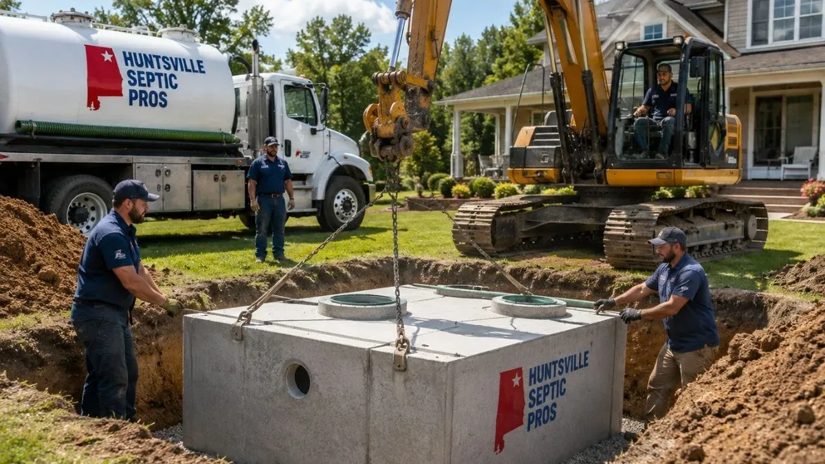 Huntsville Septic Pros crew lowering a concrete septic tank during new system installation in Huntsville, AL
