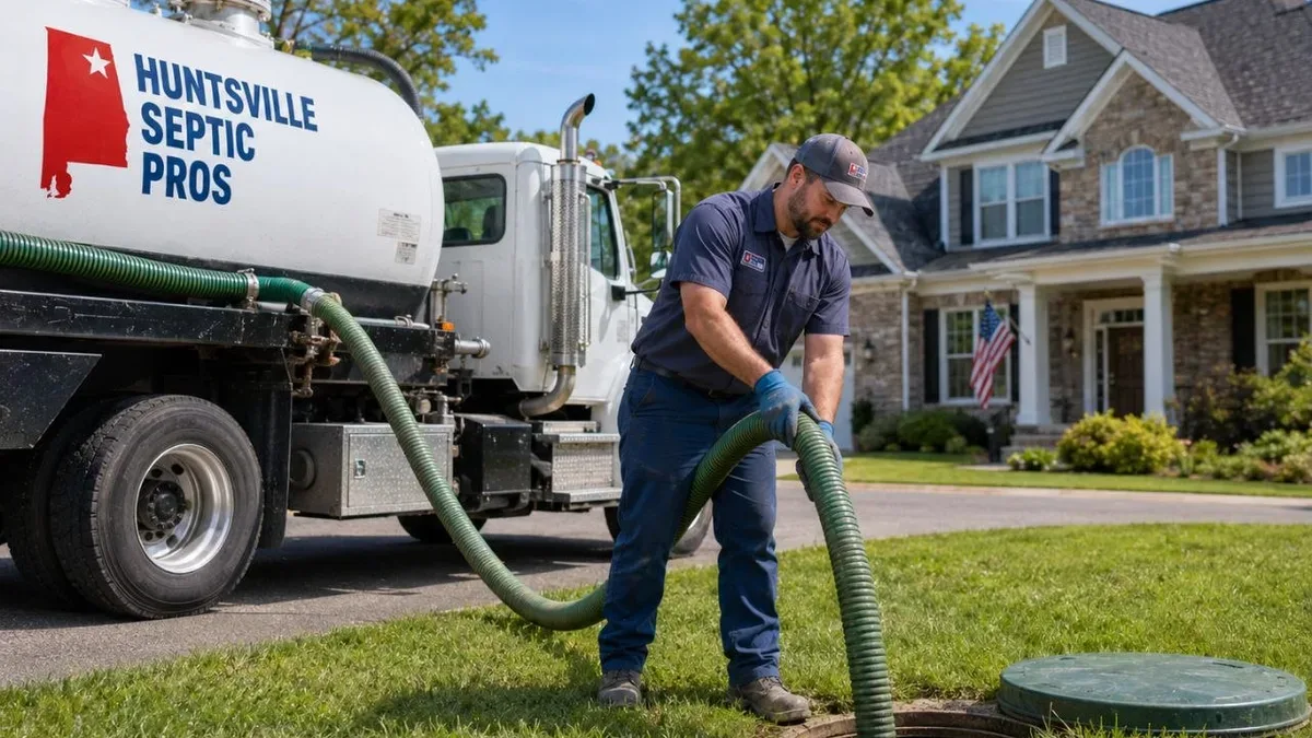 Huntsville Septic Pros technician pumping a residential septic tank in Huntsville, AL