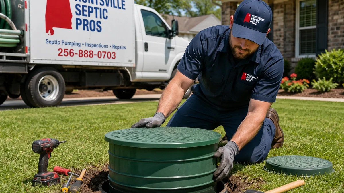 Huntsville Septic Pros technician installing a septic tank riser lid at a home in Huntsville, AL
