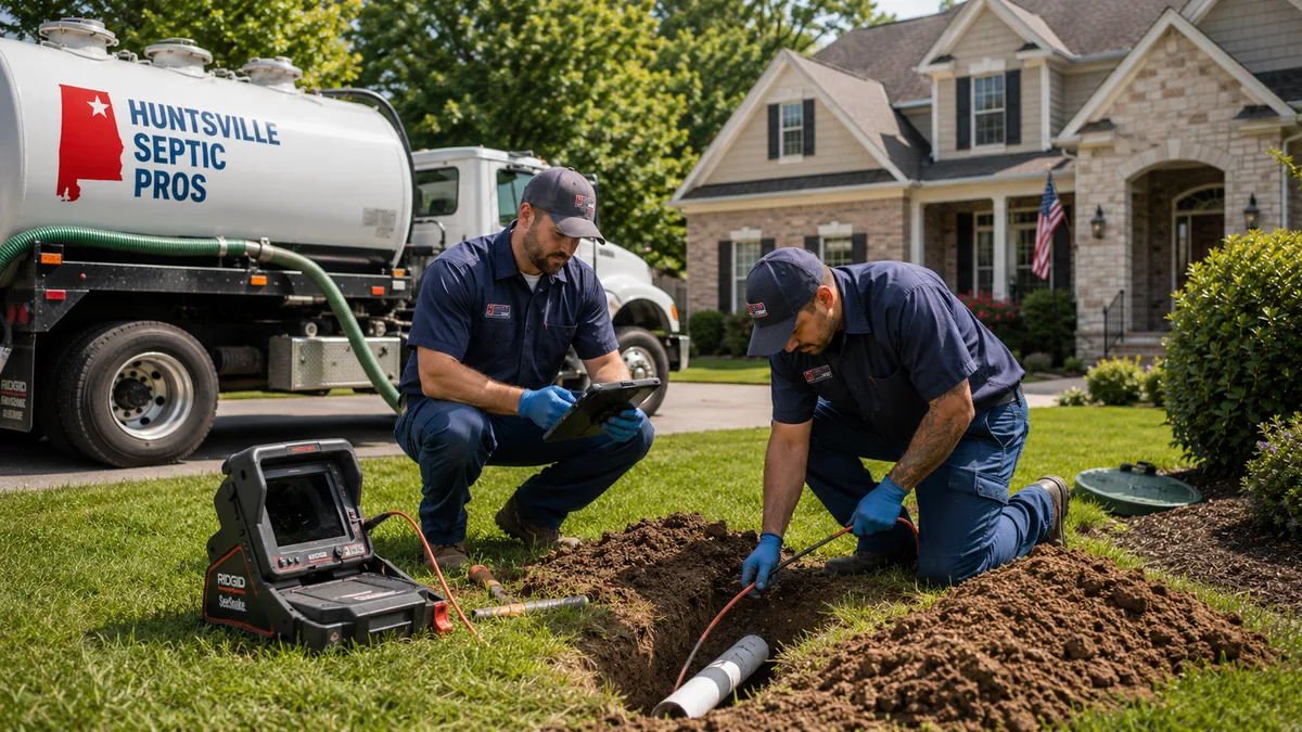 Huntsville Septic Pros technicians performing sewer line camera inspection and repair at a residential property in Huntsville, AL